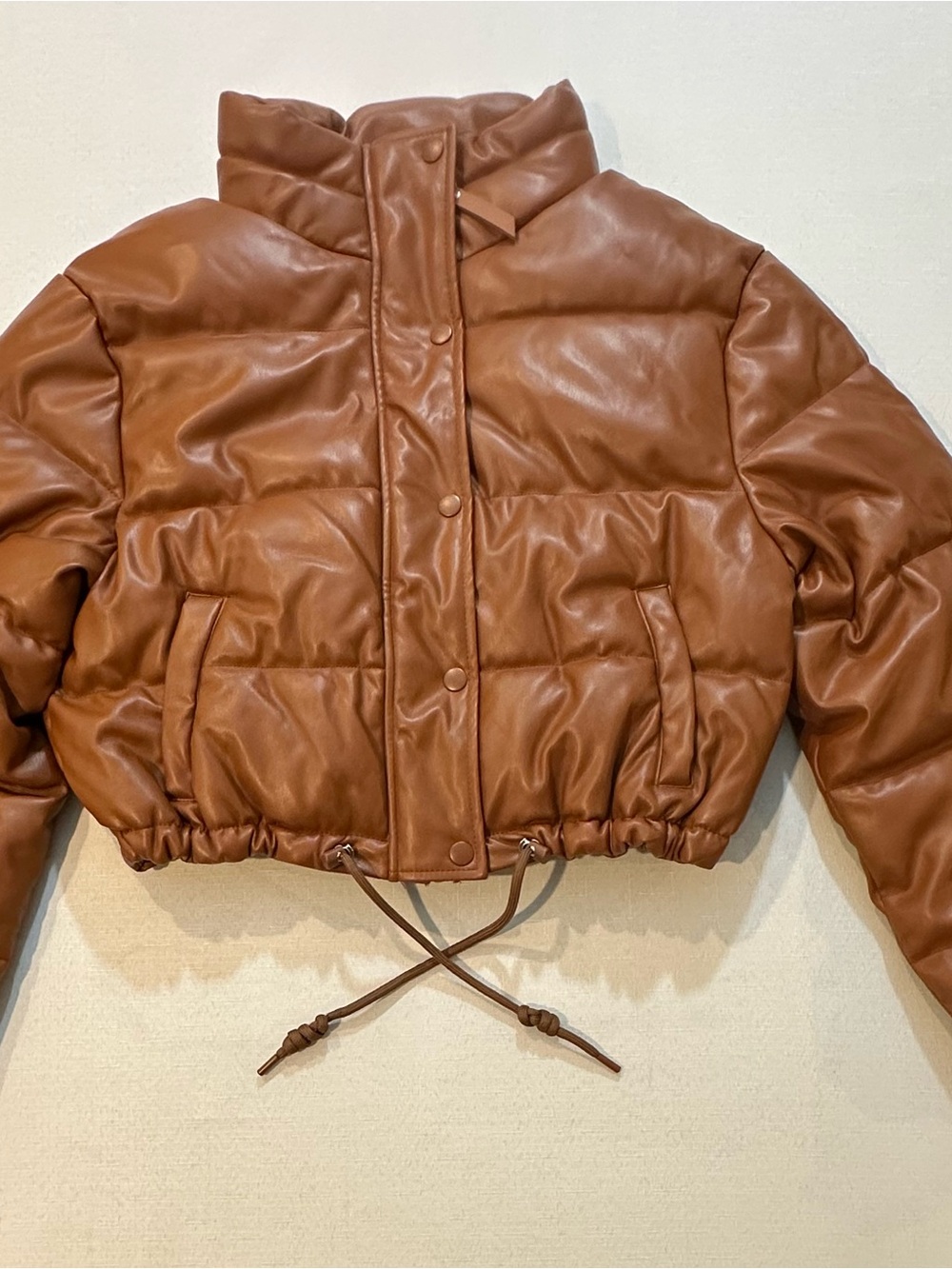 Brown Faux Leather Cropped Puffer Jacket Love Tree S